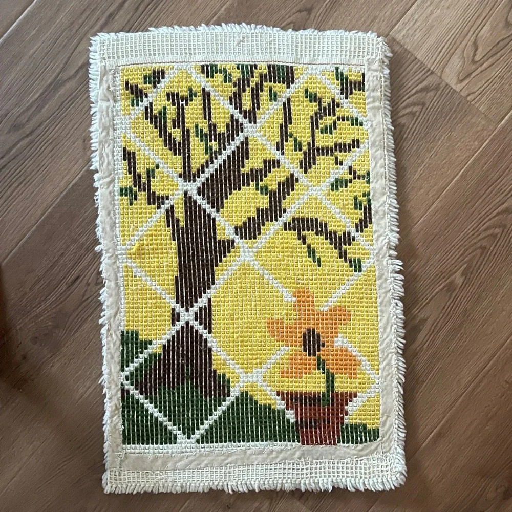 Vintage Latch Hook Wall Hanging Tree Orange Flower Yellow Wool Yarn 60s 70s